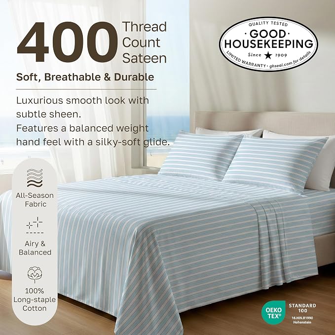 California Design Den Soft 100% Cotton Sateen Cali King Sheets Set, 4 Pcs | 400 Thread Count Backed by Good Housekeeping Seal, 16" Deep Pocket, All-Around Elastic, Durable - Cape Stripe Blue Print