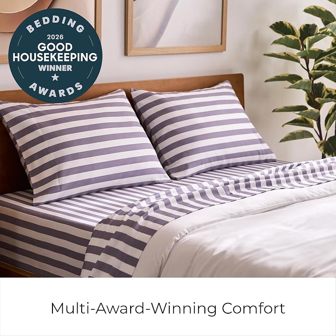 Mellanni Iconic 4-PC, Ultra Soft Sheet Set (Full, Oxford Stripe Hazy Lilac) | 10M+ Sleepers. Lab-tested: Sleeps Cool, Stays Bright, Strong, Smooth. Good Housekeeping Best Bedding, 7 yrs running.