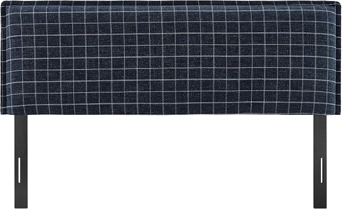 Modway Camille King Size Checkered Linen Blend Plaid Headboard with Removable Slipcover – in Denim Windowpane Check - Padded Pillow Style Headboard with Adjustable Mounting for King Beds