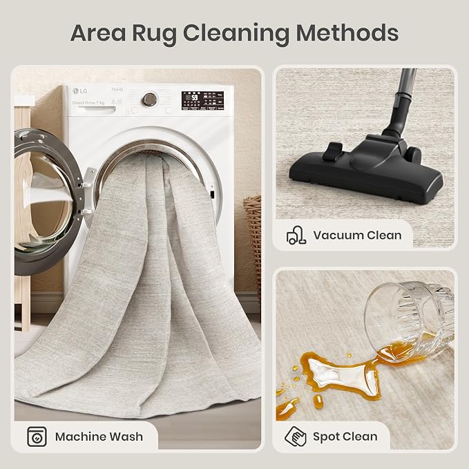 6x9 Area Rugs Non Slip, Large Washable Rugs for Living Room, Beige | Soft Low Pile, Thin & Lighweight Carpet, Folable Stain Resistant Modern Indoor Floor Mat for Bedroom, Dining Room, Home Decor