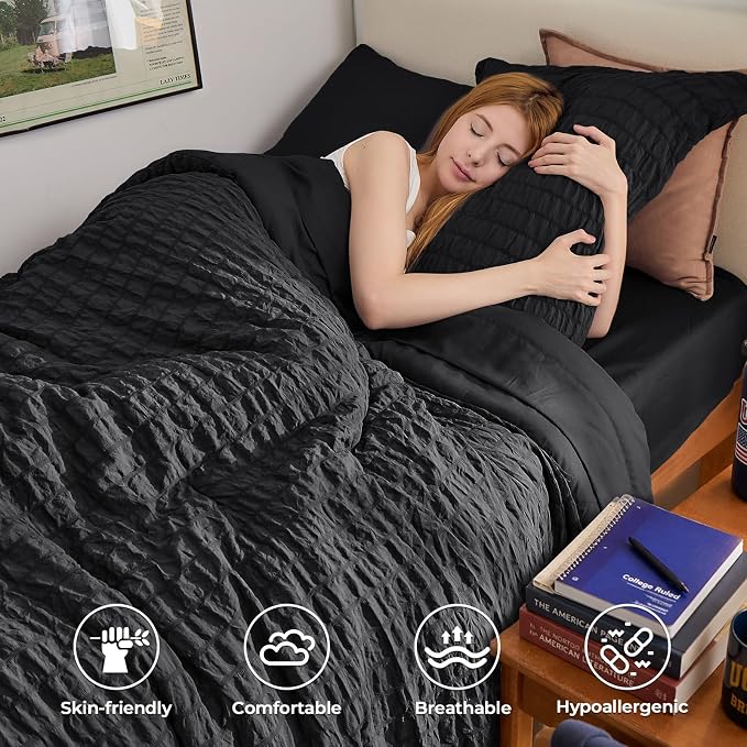 HYMOKEGE Black Twin XL Comforter Set Seersucker 5 Pieces, All Season Luxury Bed in a Bag for Bedroom, Bedding Set with Comforters, Sheets, Pillowcase & Sham