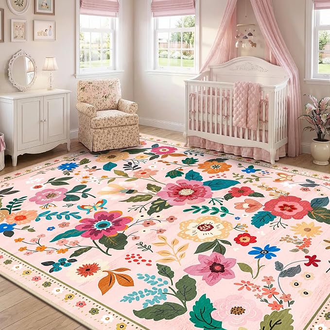 RELEANY Floral Washable 8x10 Area Rugs Pink | Flower Carpet, Print, Boho, Non-Slip, Easy to Clean, Soft, Low Pile for Living Room Bedroom Kitchen Office Entryway Hallway