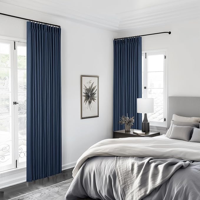Navy Blue Pleated Linen Blackout 102 Inch Curtains for Bedroom 2 Panels Set | 100% Black Out Thermal Insulated, Pinch Pleat with Rings Hooks, Room Darkening Drapes with Liner, for Living Room W40xL102