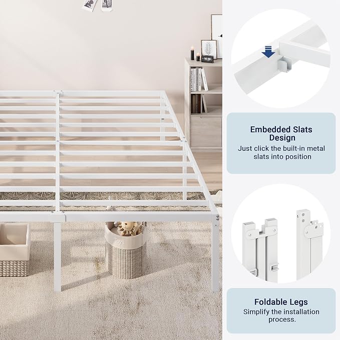 Allewie King Size Bed Frame, 18 Inch Metal Beds with Storage Space, White | Heavy-Duty Metal Platform Beds, Large Under-Bed Storage Space, No Box Spring Needed, Easy Assembly