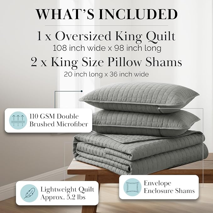 Southshore Fine Living, Inc. Quilt King Size Bedding Set, Cal King Quilt Coverlet Set with 2 Shams, Soft Brushed Lightweight Bedspread, Pet Hair Resistant, Steel Grey