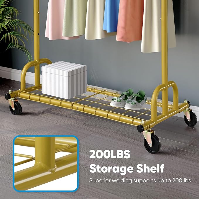 HOKEEPER Clothing Rack Gold Clothes Rack Heavy Duty Garment Rack for Hanging Clothes 525LBS Commercial Clothing Racks with Wheels for Bedroom, Laundry, Balcony, Living Room 22" D x 75" W x 71" H | Adjustable Garment Rack Easy Assemble Commercial Clothi...