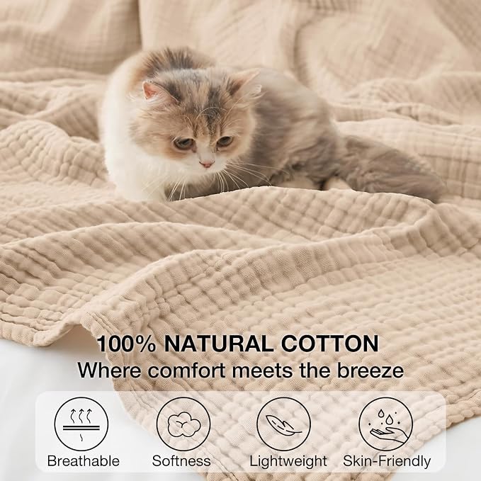 100% Cotton Muslin Blanket 50" x 60", Breathable and Lightweight Cotton Throw Blankets for Couch, Soft Cooling Summer Gauze Blanket for Adults All Season, Beige