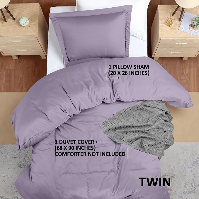 Duvet Cover Twin, 3 PC Cotton Like Polyester, Zipper Closure, Lavender | Extra Soft and Breathable, Wrinkle & Fade Resistant, Includes Duvet Cover and 1 Pillow Sham, Comforter Not Included, OekoTex