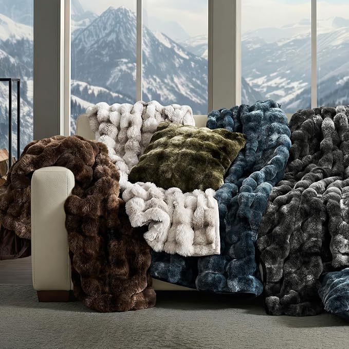 EverGrace Faux Rabbit Fur Bubble Throw Blanket, 60"x80", Marble Deep Indigo | Ultra Soft, Luxury Faux Rabbit Fur Throw, Thick Warm Bubble Blanket, Cozy Fluffy Reversible, for Bed, Couch, Chair, Sofa