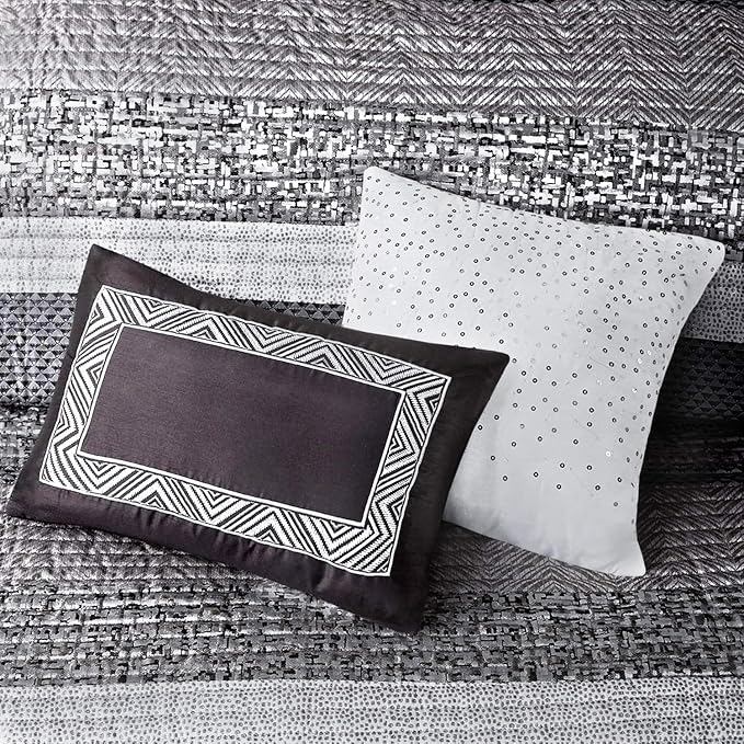 Madison Park Lustrous Jacquard Grey/Taupe Queen Quilt Set, 6pc | All Season Bedding Set, Glitter Accent Coverlet Set, Machine Washable, Cozy, Breathable, Soft, Modern, Casual