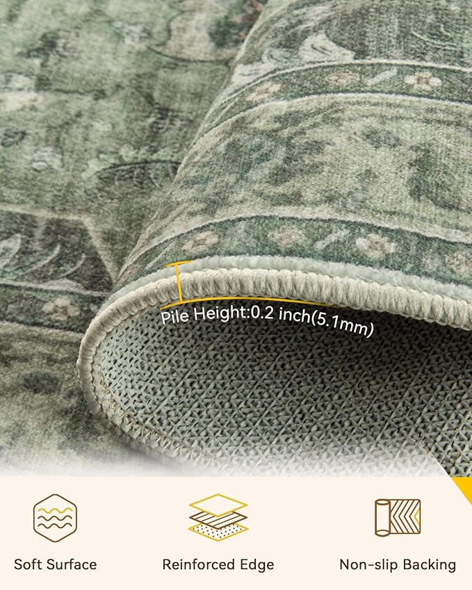 RELEANY Washable Area Rug, 6'x9', Green/Dark Green/Gray | Non-Slip, Water Repellent, Pet Friendly, Easy to Clean, Vintage Floral Boho Decor for Living Room Bedroom Dining Room Office