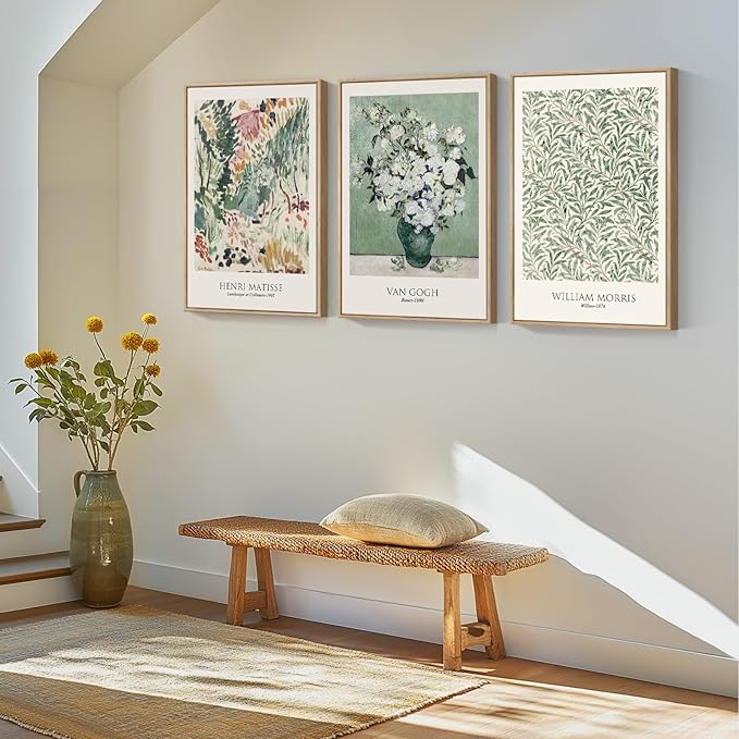 Framed Large Van Gogh Wall Art for Living Room, 3 Pieces Vintage Sage Green Canvas Painting Artwork for Walls, Botanical Wall Art Prints for Bedroom, Guest Room, Hallway, Home Office Wall Decor, 16x24 Inch | Fine art, Matisse, William morris, Floral, N...
