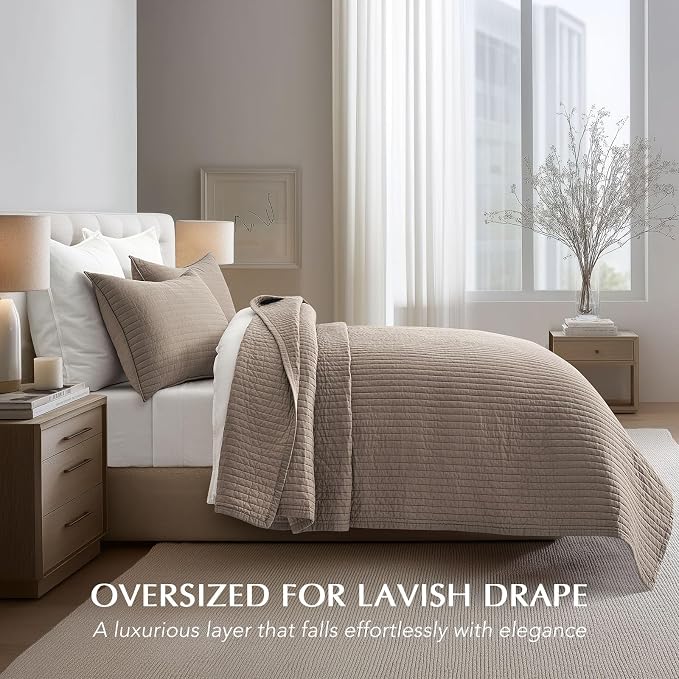 EVERGRACEHOME Cotton Sateen Quilt Set, Queen Size, Stone Taupe | 100% Cotton, Channel Stitch Coverlet Bedspread, Pre-Washed Lightweight Soft Bedding Set for All Season, 3 Piece, with 2 Shams