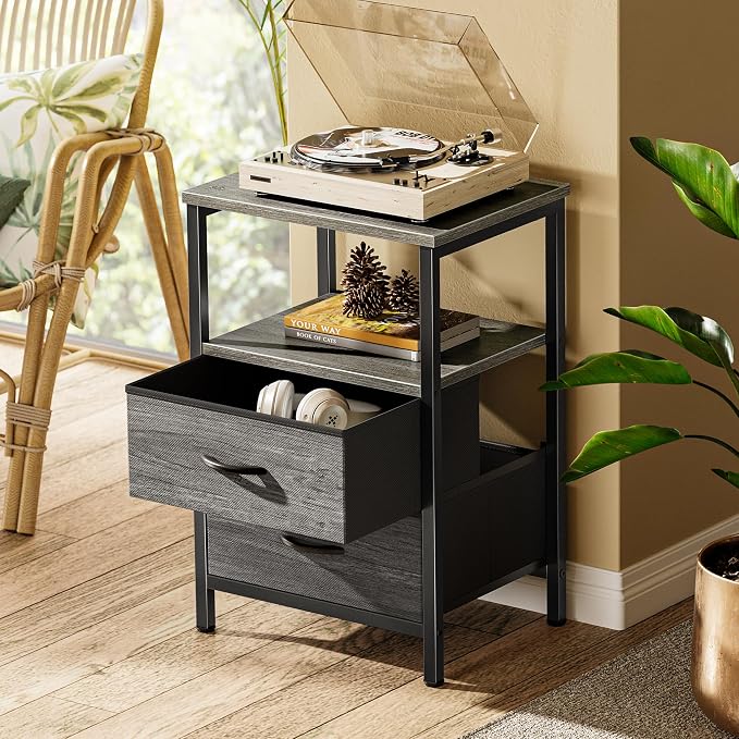 Huuger Night Stand Set of 2, Nightstand with 2 Drawers, Bedside Table | Open Shelf, Wooden Top, End Table, Fabric Drawer, for Bedroom, Living Room, Gery