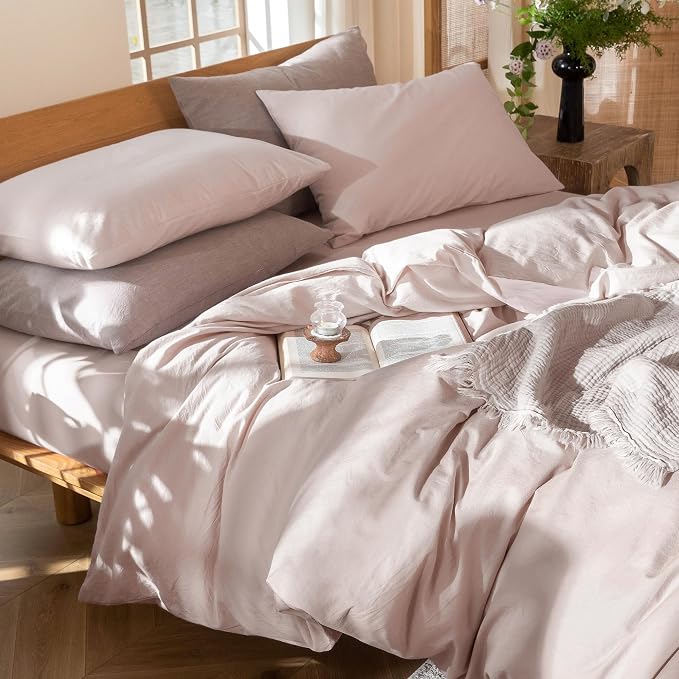 MooMee Duvet Cover Set 100% Washed Cotton Linen Like Full | Relaxed Linen-like Texture. Soft, Breathable & Long-lasting Comfort. Lightweight. Hidden Zipper with 8 Interior Corner Ties