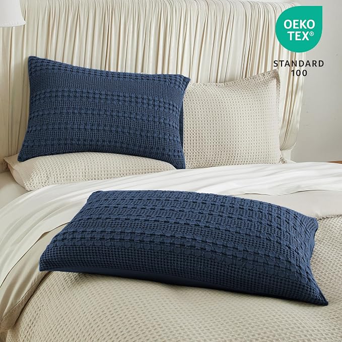 PHF 100% Cotton Waffle Pillow Shams King Size, 2 Pack 20" x 36" Soft Skin-Friendly Pillowcases, No Filling, Aesthetic Woven and Breathable Waffle Weave Pillow Case Covers for Bed, Blue Sapphire
