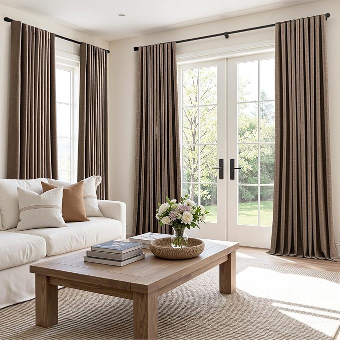 MIULEE 100% Blackout Back Tab Pleat Linen Curtains 50" Wx84 L,Dutch Cocoa | 2 Panels,Thick Faux Linen,Textured Drapes,with Hooks,for Bedroom Living Room,Black Out,Room Darkening