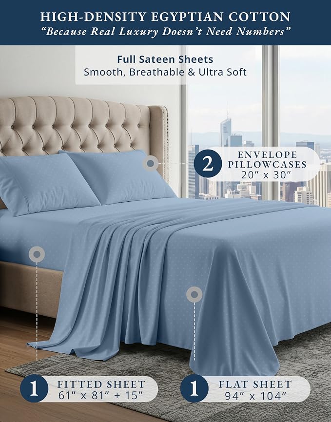 LANE LINEN Deep Pocket Full Size Sheets Set Sateen Weave - French Blue | Full Bed Sheets Set - 4-Piece Set, For Guests And Everyday Use, For A Silky Hotel-Style Bed, Refreshes A Guest Room