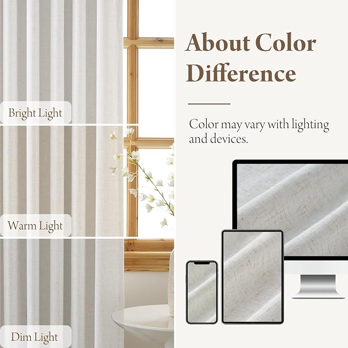 RYB HOME Linen Blackout Curtains 96 inches Long, 100% Blackout Noise Reducing Thermal Insulated Natural Textured Curtains for Farmhouse Dining Room, Cream White, 40" W x L96 L, 2 Panels Set