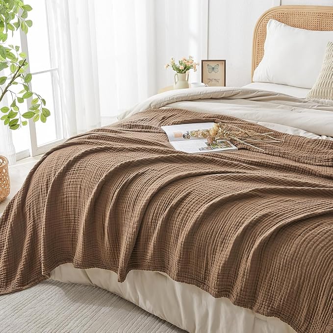 EMME Muslin Blankets for Adults Throw Blanket for Couch Breathable Gauze Soft Lightweight Airy Brown Queen 90" x 90"