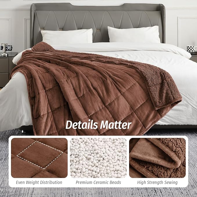 Sherpa Fleece Weighted Blanket for Adult 15 lbs Queen 60"x80" Brown | Boost Sleep Quality, Relax Body & Mind, Dual Sided Cozy Fluffy Heavy Blanket, Plush Flannel Top, Chunky Fluffy, Warm Hug