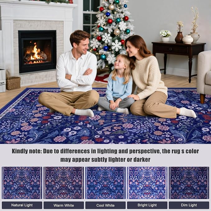 PLHXFR Area Rug 10x12 Living Room: Floral Washable Boho Soft Carpet Blue | For Bedroom Dining Room Farmhouse Nursery Hallway,Vintage Floral,Machine washable,Non Slip,Stain Resistant,Large Indoor