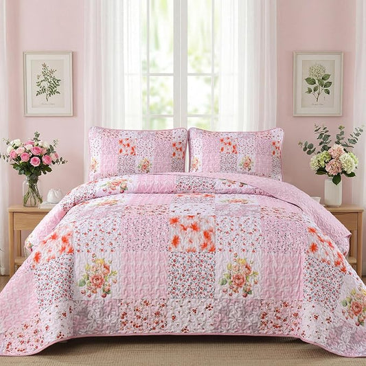 Mybedsoul Pink Quilts Queen Size, Patchwork Floral Reversible Bedding Set | Soft Lightweight Microfiber Coverlet Set, 3 Pieces Plaid Bedspread, Bed Sets for All Seasons 96"x90"