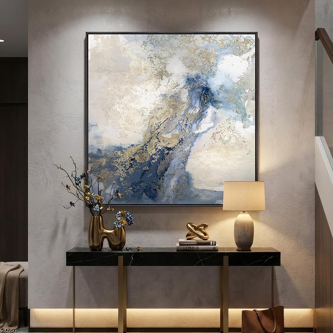 Extra Large Framed Blue Abstract Wall Art Decor for Living Room, 40x40 In | Oversized, Canvas prints, Modern paintings, Minimalist pictures, Blue white gold, Square art, Dining room, Bedroom wall decor