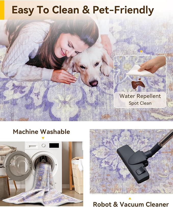 RELEANY Washable Area Rug, Square 8'x8', Purple | Non-Slip, Water Repellent, Pet Friendly, Easy to Clean, Vintage Floral Boho Decor for Living Room Bedroom Dining Room Office