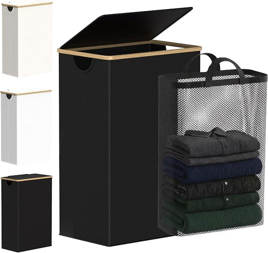 efluky Slim Laundry Basket with Lid, Narrow Laundry Hamper with Removable Bag, Skinny Dirty Clothes Basket with Bamboo Handles for Bathroom, Bedroom & Laundry Room, 90L Black