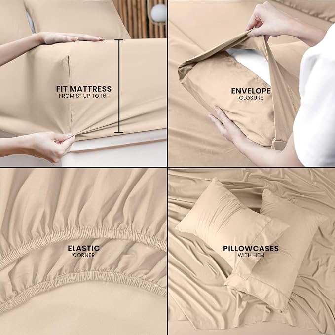 Queen Sheets Set, 4 Pieces 16" Deep Pocket Hotel Luxury Bed Sheets, Beige | Extra Soft Bedsheet Set, Comfy & Breathable Cooling Sheets, Wrinkle & Fade Resistant, Fitted Sheet, Flat Sheet, 2 Pillowcases
