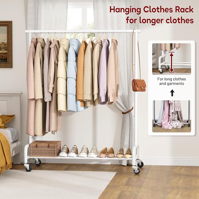 SLEEPING LAMB Heavy Duty Clothes Racks for Hanging Clothing Rack, 43" Wide Rolling Garment Rack Metal Wardrobe Rack with Wheels Closet Hanger Rack for Coats, Shirts, Dress, (White)