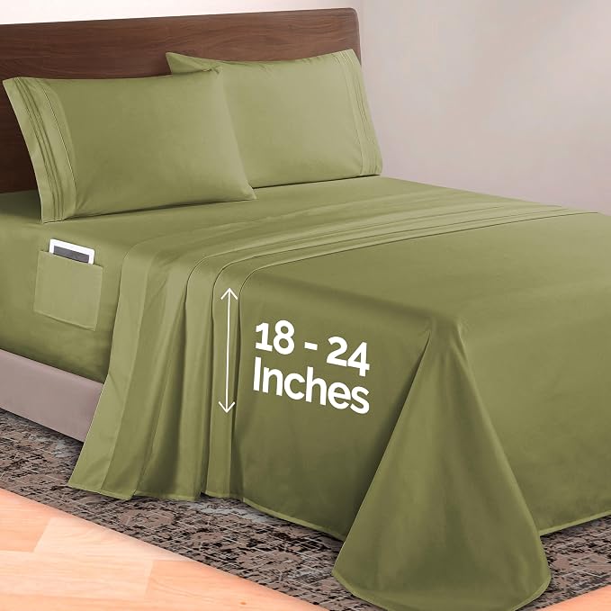 Elegant Comfort Luxurious 1500 Premium Hotel Quality Microfiber 4-Piece Sheet Set, 18-24 Inches Deep - Extra Deep Pocket Sheets - Ultra Soft 4PC Deep Pocket Sheets, Queen, Sage/Green