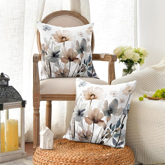 AVOIN colorlife Poppy Flowers Chinoiserie Pillow Covers 18x18 Inch Set of 2 | Seasonal Fall Leaves Cushion Case Decoration for Sofa Couch
