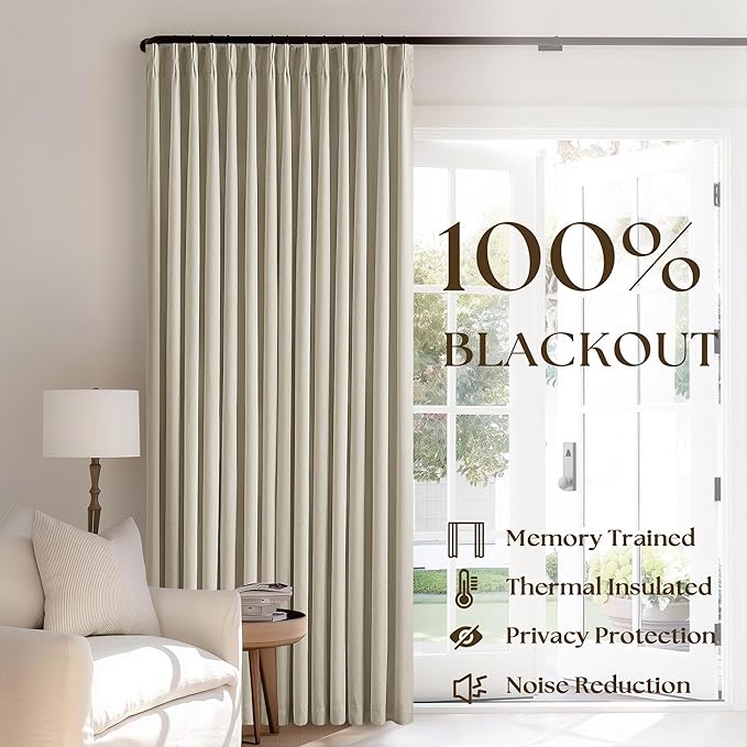 Burlywood Birch 100% Blackout Pinch Pleated Linen Curtains 96 Inches Long | Pinch Pleat Curtains with Blackout Liner, Thermal Insulated Light Blocking, for Living Room Bedroom, Greyish Beige Taupe 8FT