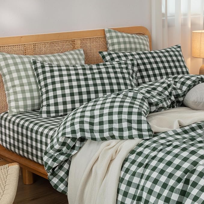 BESTOUCH Gingham Cotton Duvet Cover Set Green Full | Washed Cotton, Linen Feel, Soft Wrinkle Texture, Hidden Zipper, 8 Ties, Breathable Lightweight Durable Comfy, 3 Pcs No Insert