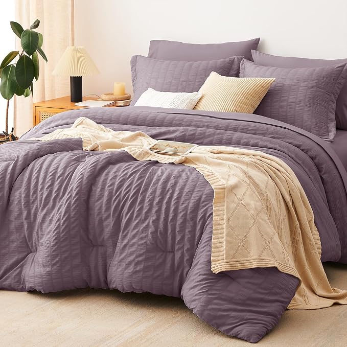 King Comforter Set, 7 Pieces Dusty Purple Seersucker Bed in a Bag | OEKO-TEX Certified, All Season Bedding Set with 240 GSM Down Alternative Comforter, Flat & Fitted Sheets, Pillowcases & Shams