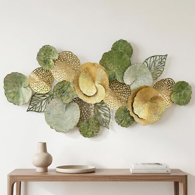 Axioglo 51" Large Wall Decor 3D Lotus Leaf Metal Wall Art for Living Room | 51" x 26" metal wall decor with layered metal texture, mounting hardware, two-way display