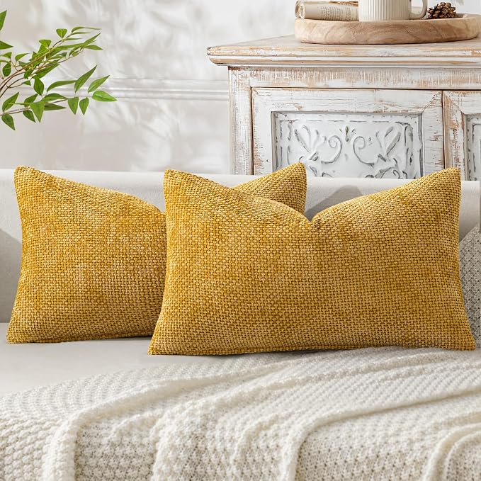 MIULEE Decorative Lumbar Throw Pillow Covers 12x20 in Mustard Yellow 2 Pack | Modern Boho Accent, Soft Chenille Pillow Covers, Farmhouse Cushion Cases for Couch Bed Sofa Living Room Home Decor
