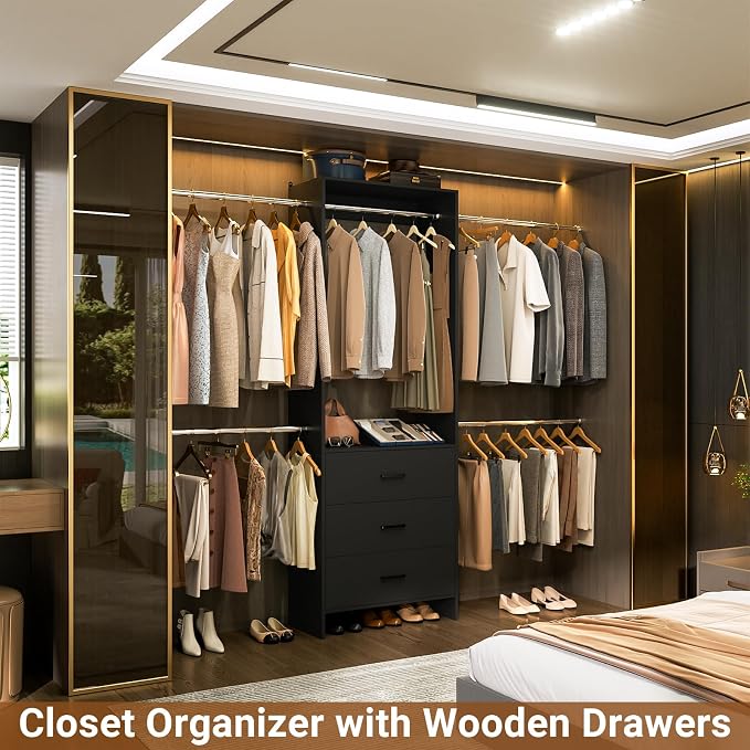 Aheaplus Closet System, 4.2-9Ft Closet Organizer with Wooden Drawers, Black | for Walk in Closet, Wardrobe Clothes Rack with 4 Hanging Rods, Garment Rack