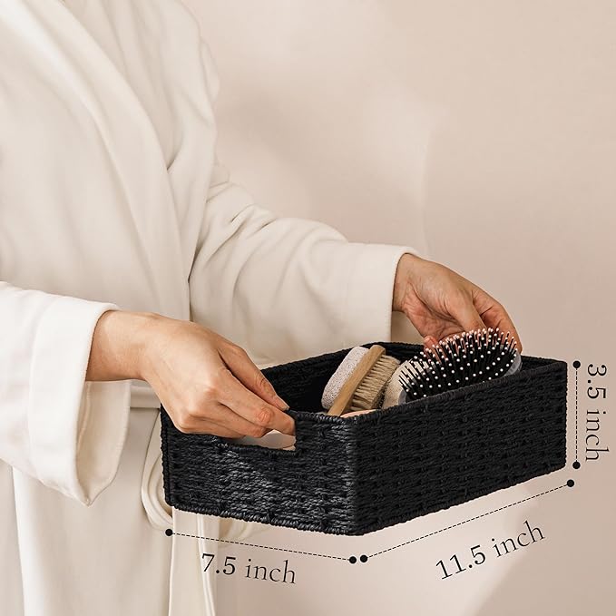 UBBCARE 2 Pack Wicker Basket, 11.5L×7.5H×3.5W inch Woven Paper Rope Storage Baskets for Shelves, Foldable Rectangular Storage Baskets with Handle, Storage Basket for Organizing, Black