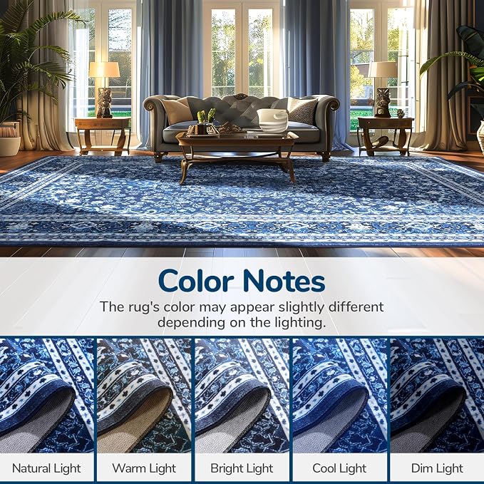8 x 10 Area Rugs for Living Room, Washable Bedroom Large Rug Blue | Boho Low Pile Rug for Dining Room, Floral Medallion Vintage Carpets with Non-Slip Backing, Kids Pet Friendly, Fit All Vacuums