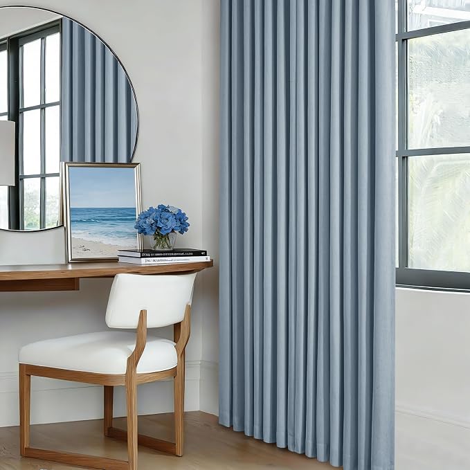 Light Blue Pleated Linen Blackout Curtains 90 Inches Long 2 Panels W40xL90 | Pinch Pleat with Ring Hooks Back Tab, 100% Black Out Thermal Insulated Drapes with Liner, for Bedroom Living Room, Dusty Blue