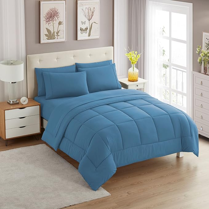 Sweet Home Collection 7 Piece Comforter Set Bag Solid Color All Season Soft Down Alternative Blanket & Luxurious Microfiber Bed Sheets, Denim, Queen