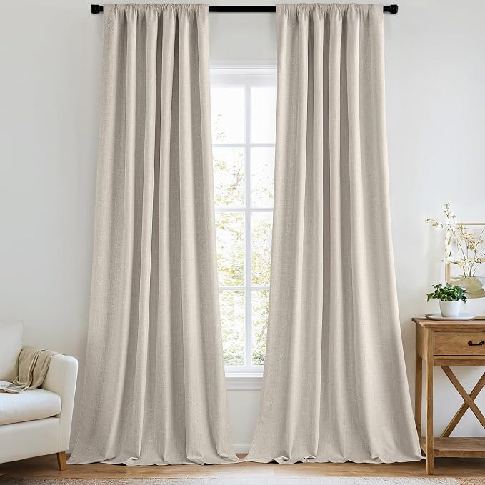 MIULEE 100% Blackout Back Tab Pleat Linen Curtains 50" Wx90 L,Beige | 2 Panels,Thick Faux Linen,Textured Drapes,with Hooks,for Bedroom Living Room,Black Out,Room Darkening