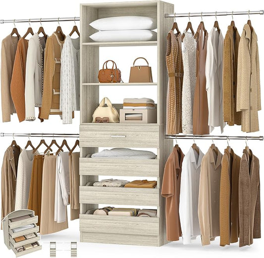 Aheaplus Closet System,4-9Ft Closet Organizer with 4 Wood Drawers,White Oak | Wood Closet Organizer System with Tower, Walk-in Closet Organizer Wardrobe Clothes Rack with 4 Hanging Rods, Garment Rack
