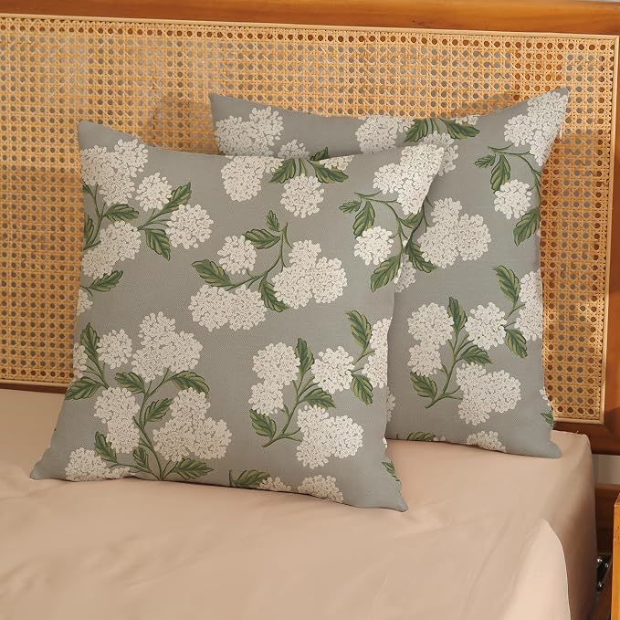 Grey Pillow Covers 22x22 Inch 2 Pcs Gray Green Hydrangea Flower Decor Throw Pillows Vintage Floral Seasonal Spring Summer Outdoor Decoration Pillowcase Linen Cushion Cover for Couch Sofa