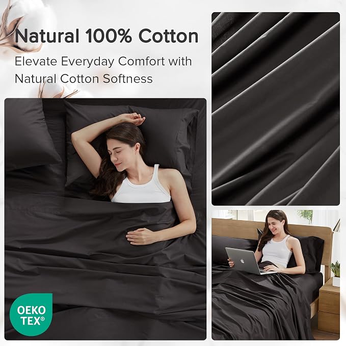 Comfort Spaces 100% Cotton Percale Sheets Cal King Sheet Set 4 Pcs, Black | Crisp, Cool & Breathable Bed Sheets, 14" Deep Pocket Fits Up to 16" Mattress, Lightweight, All Season Cozy, with Pillow Case