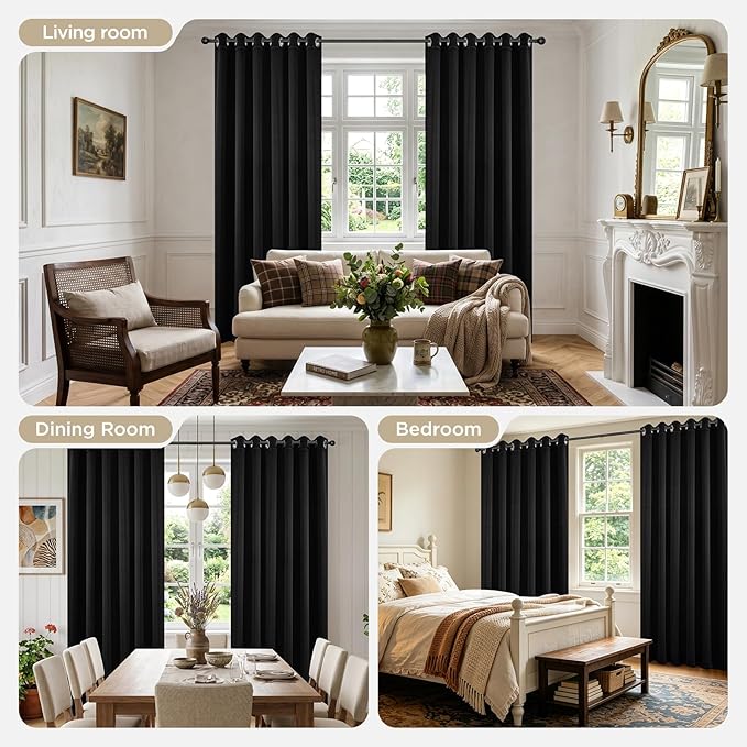 Joydeco Blackout Curtains 72 Inch Length 2 Panels Set, Thermal Insulated Long Curtains& Drapes 2 Burg, Room Darkening Grommet Drapes for Bedroom Living Room Window (Black, W52 x L72 Inch)