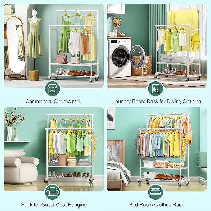Double Rods Clothes Rack for Hanging Clothes, Heavy Duty Rolling Clothing Rack with Wheels, Freestanding Garment Racks with Oxford Bottom Shelf and Mesh Bottom Shelf for Bedroom Laundry (White)